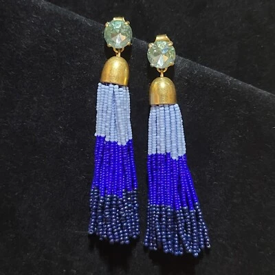 J.CREW CRYSTAL RHINESTONE AND TRIPLE BLUE DANGLE TASSEL PIERCED EARRINGS - Image 1 of 4