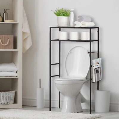 2-Tier Matte Black Metal Over-The-Toilet Storage Rack w/ Magazine Holder Basket - Image 1 of 4