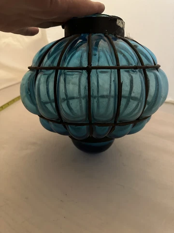 Vintage Wrought Iron Hand Blown Glass Lamp Lantern Blue Beautiful From Mexico Cover