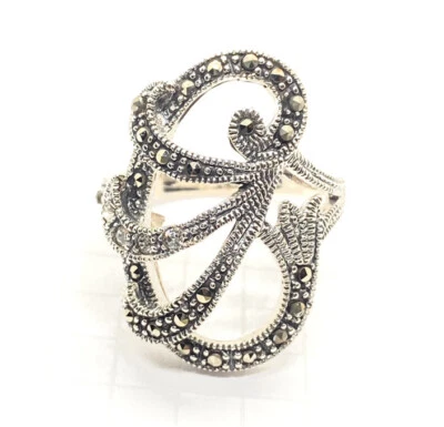 (TALLA 6,7,8,9) Elegante ANILLO DE MARCASITA FLORECIENTE Y PIEDRAS CIRCONITA 925 PLATA ESTERLINA Foto 1 de 4