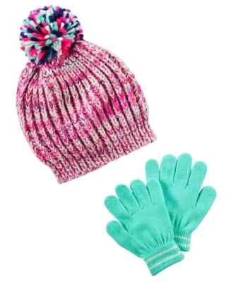 Carter's Girls Winter Hat & Glove Set Size: 2T-8T Pink Pom Pom Green Glove Blue - Image 1 of 4