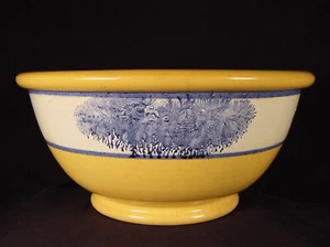 RARE ANTIQUE AMERICAN 14” JEFFORDS BLUE MOCHAWARE BOWL YELLOW WARE MOCHA MINT - Picture 1 of 8
