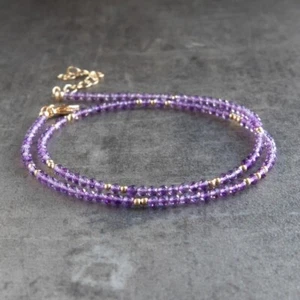 Purple Amethyst Micro Faceted Round Gold Filled Tiny Beads 18" Choker Necklace - Picture 1 of 9