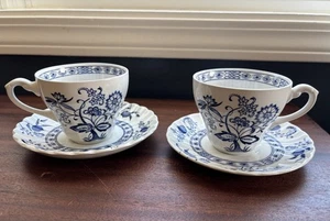 2 juegos de taza y platillo de té de cebolla azul y blanco nórdico JG Meakin England de colección - Imagen 1 de 6