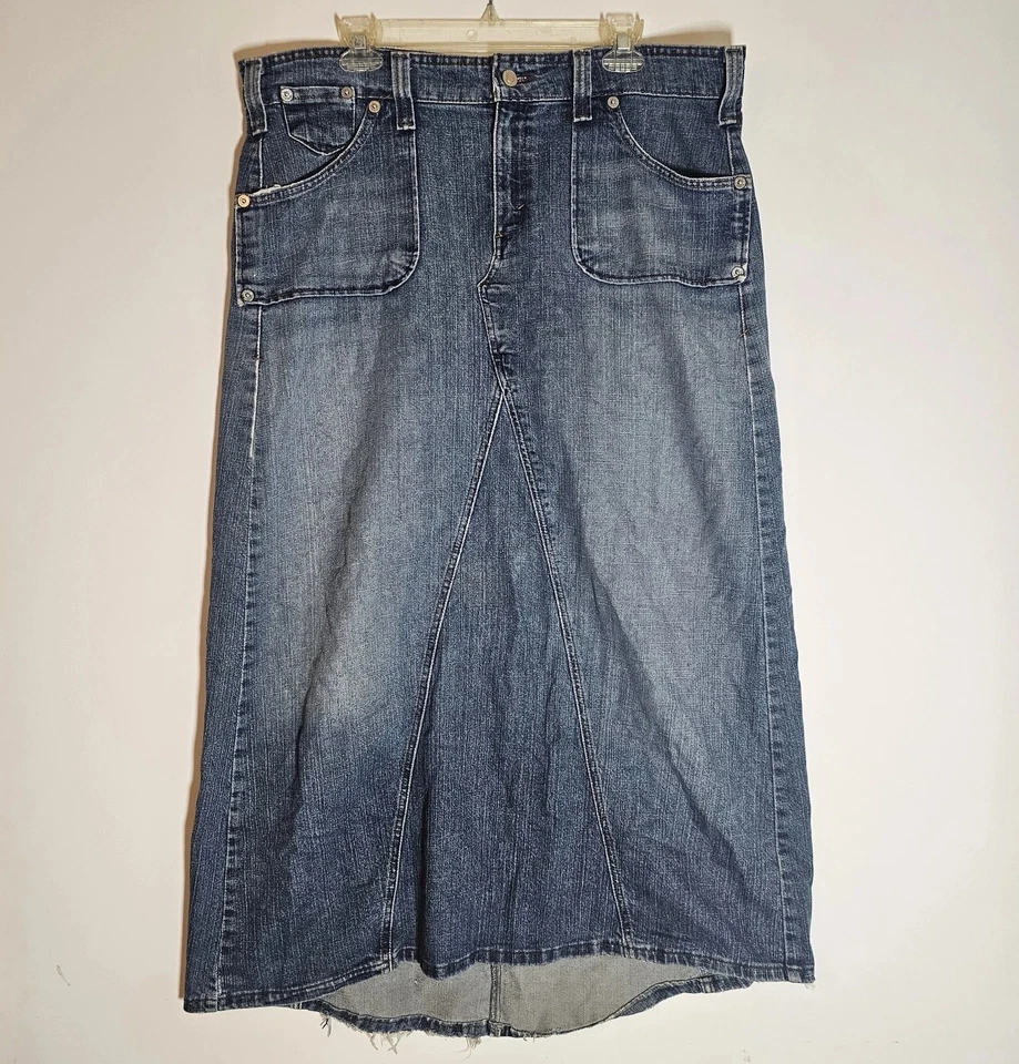 Levis Denim Skirt Womens 16 Blue Jean Midi Raw Hem Distressed Y2K Grunge 2000s - Image 1 of 4