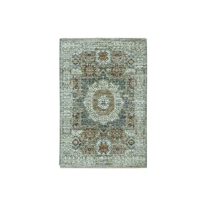 2'1"x3'1" Green Hand Knotted Rug Wool Pre Historic Mamluk Design Mat Small 76817 - Picture 1 of 5