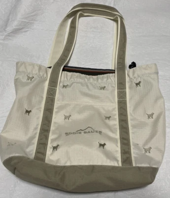Bolso de Mano Eddie Bauer Diseño Perro Marfil con Borde Verde Bolsillo Interior Excelente Con Foto 1 de 4