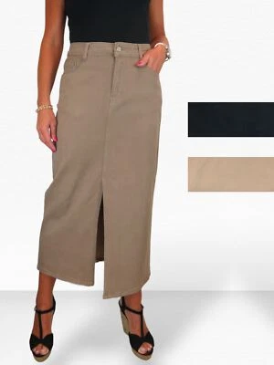Womens Stretch Coloured Denim Cotton Long Straight Midi Maxi Skirt Split Hem8-16 - Image 1 of 2