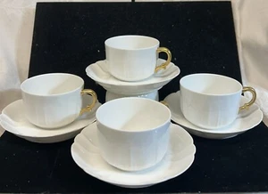 4 TAZAS Y PLATILLOS HAVILAND Limoges Schleiger # 10 blancos en relieve con asas doradas - Imagen 1 de 4