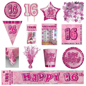 Vajilla de fiesta de cumpleaños 16 rosa brillante decoración platos pancartas velas edad 16 - Imagen 1 de 13