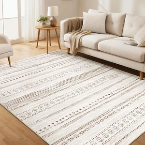 Area Rug Living Room Rugs - 5X7 Washable Boho Farmhouse Bohemian Neutral Large M - Picture 1 of 12