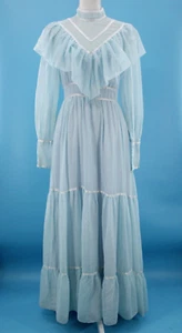 Vtg Women's 70s Light Blue Maxi Dress W/ Ruffled Draping Bodice S/M 1970s - Picture 1 of 24
