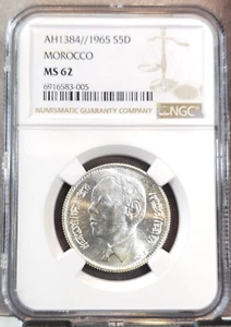 1965 MOROCCO SILVER 5 DIRHAMS S5D HASSAN II NGC MS 62 NICE COIN AH1384 - Picture 1 of 3
