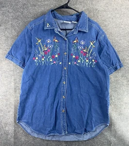 Boobie Brooks Kurzarm Hemd Damen XL Blau Denim Blumen Button Down Freizeit - Bild 1 von 6