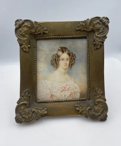 Antique Victorian Hand Painted Miniature Portrait Of Lady In Ornate Frame - Picture 1 of 15