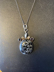 Sterling Silver Snowflake Obsidian & Amethyst Pendant & Pyrrha Necklace 14.3g - Picture 1 of 6