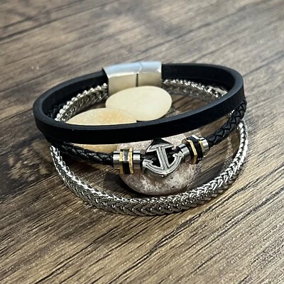 Pulsera de acero inoxidable y cuero para hombre pulsera de regalo de cumpleaños genial Foto 1 de 4