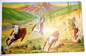 1939 Dude Larson "Gathering Wild Cattle" Postcard cowboy horse herford western - Picture 1 of 2