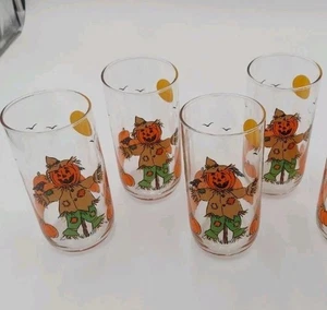 Vtg Libbey Set 4 Glasses Fall Scarecrow Pumpkin Moon Halloween Drinking Glasses - Picture 1 of 5
