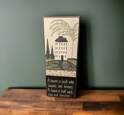 Primitive Salt Box House Wall Art Board Plaque Weeping Willow Grove 19.75" by 8" - Image 1 of 4