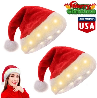 2x LED Navidad Papá Noel Sombrero Fiesta de Navidad Juegos con disfraces Disfraz Gorra de Peluche Regalo EE. UU. Foto 1 de 4