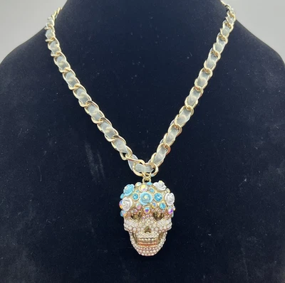 NEW BETSEY JOHNSON Bejeweled Rose Crown SUGAR SKULL Ribbon Weaved NECKLACE - Image 1 of 4