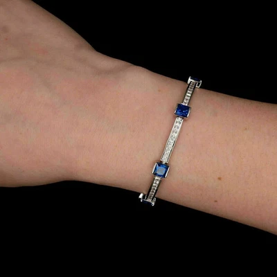 Brazalete Tenis Bisel Chapado en Oro Blanco 14k Zafiro Simulado Corte Esmeralda 7 Ct Foto 1 de 4