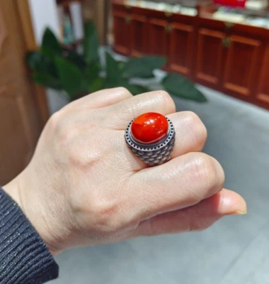 Exquisito Anillo Plata 925 Ágata Roja Sur (Tamaño Borde Ajustable) Foto 1 de 4