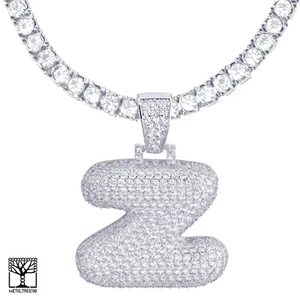Bubble Letter Z Initial Silver Plated Iced Pendant CZ 24" Tennis Chain Necklace  - Picture 1 of 3