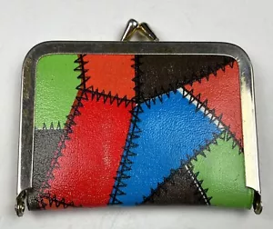 Retro Travel Sewing Kit Patchwork Colored Vinyl Twist Snap Closure Pocket Purse - Picture 1 of 6