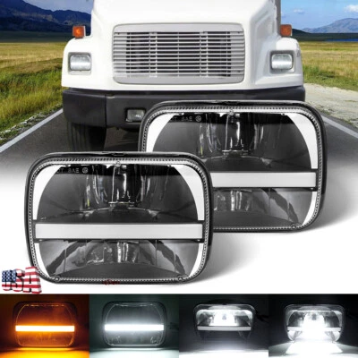 For Freightliner FL60 FL70 FL80 MT45 2PC Black 7x6 LED Rectangle Headlights Turn - Image 1 of 4