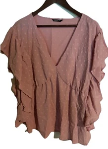Top SHEIN curvo XXL trasparente a pois svizzeri finto scollo a V blusa peplo rosa - Foto 1 di 8