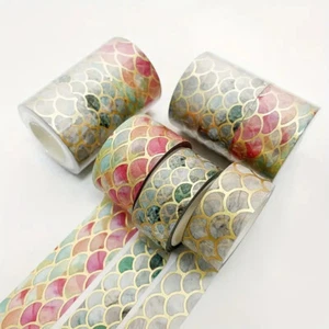NEW Set of 3 Gold Foiled Washi Tape Mermaid Scales, Pink/Green/Blue/Grey/Gold - Picture 1 of 1