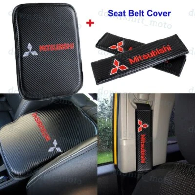 Carbon Fiber Car Center Armrest Cushion Mat Pad + Seat Belt Cover For MITSUBISHI - Image 1 of 4
