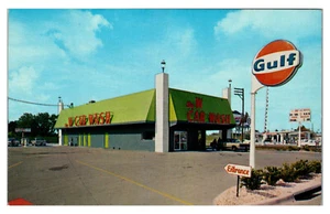 TAMPA FLORIDA BIG W CAR WASH & GULF GAS STATION VINTAGE POSTCARD - Picture 1 of 2