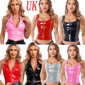 UK Women's Backless Latex PVC Leather Crop Top Wet Look Vest Clubwear Party Club - Picture 1 of 58