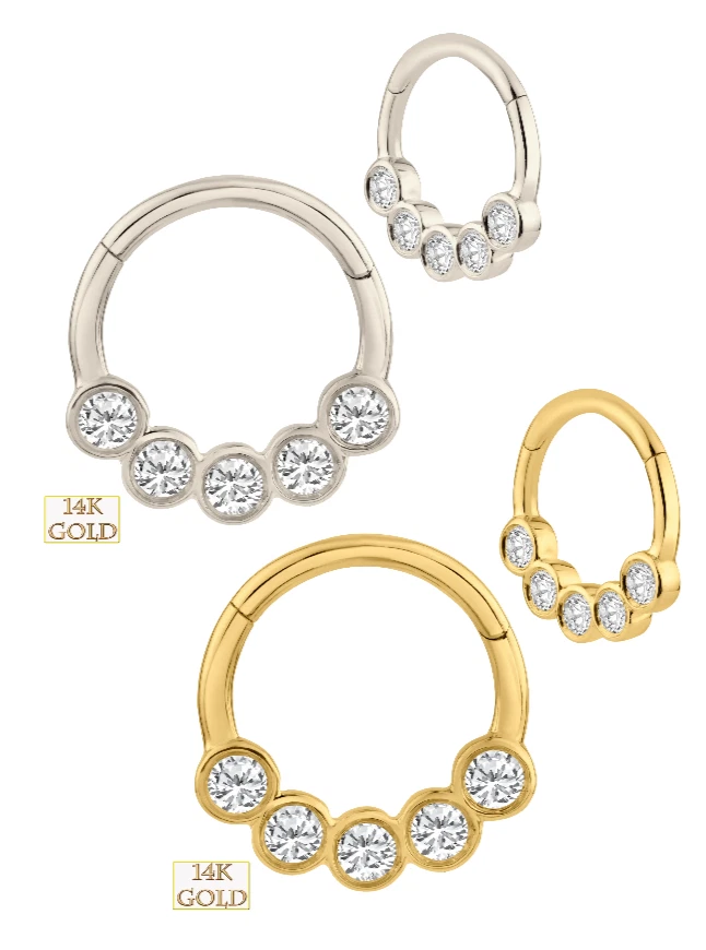 Anillo piercing aro con bisagras de 8 mm de oro macizo de 14K con 5 circonitas cúbicas Foto 1 de 1