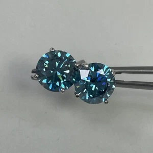 Lab Created Blue Diamond Round Stud Earring 14kt white gold 4.24ct IGI Certified - Picture 1 of 8