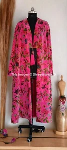 OFMD Luxury Velvet Jacket Coat Kimono Pink Bird Printe Kimono Long Jacket - Picture 1 of 7