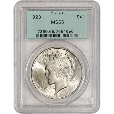 1923 US Peace Silver Dollar $1 - PCGS MS65 Green Label Cover