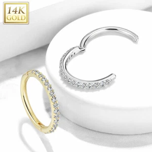 14K Gold CZ Hinged Nose Hoop Ring Tragus Rook Snug Eyebrow Piercing 16G - Picture 1 of 7