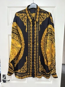 Camisa Ceta Italiano 100% Seda Manga Larga Barroca Griega Medusa Negra Dorada Años 90 - Imagen 1 de 14