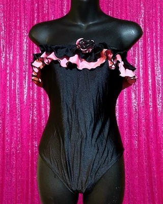 💞复古 Scubidu Sea Fashions 泳装无肩带黑色粉红色荷叶边 12 码💞 — 第 1/4 张图片