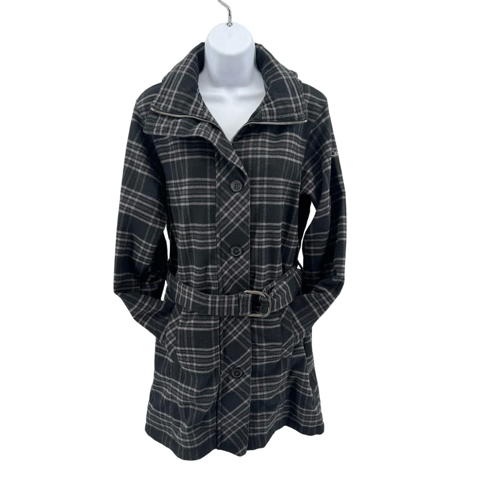 Gabardina Columbia negra/púrpura a cuadros Omni Heat con cinturón para mujer S con capucha cremallera Foto 1 de 4