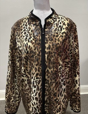 Quacker Factory Leopard Print Full Zip Shiny Jacket Size XL  - Image 1 of 4