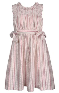 NEW Bonnie Jean Girls Size 12 "PINK GREEN IVORY STRIPE" Smocked Tie Waist Dress - Picture 1 of 4