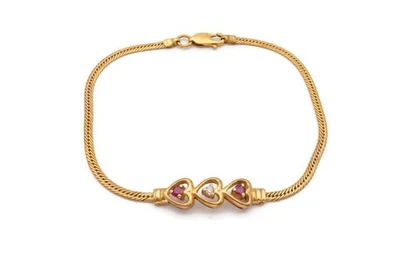 Brazalete Corazón Diamante Rubí Oro Amarillo 14k 7" Foto 1 de 4