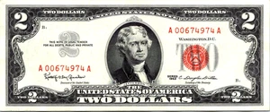 1963 $2 Red Seal (LOW SERIAL # A00674974A ) Legal Tender XF-AU-Fr. 1513 - Picture 1 of 3