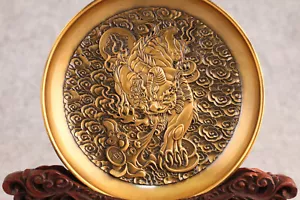 10cm Chinese copper fortune kirin Statue plate Plate table Decor - Picture 1 of 8