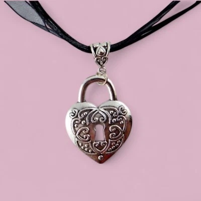SILVER-TONE HEART PADLOCK PENDANT on black ribbon necklace Gothic Choker M5 - Image 1 of 4
